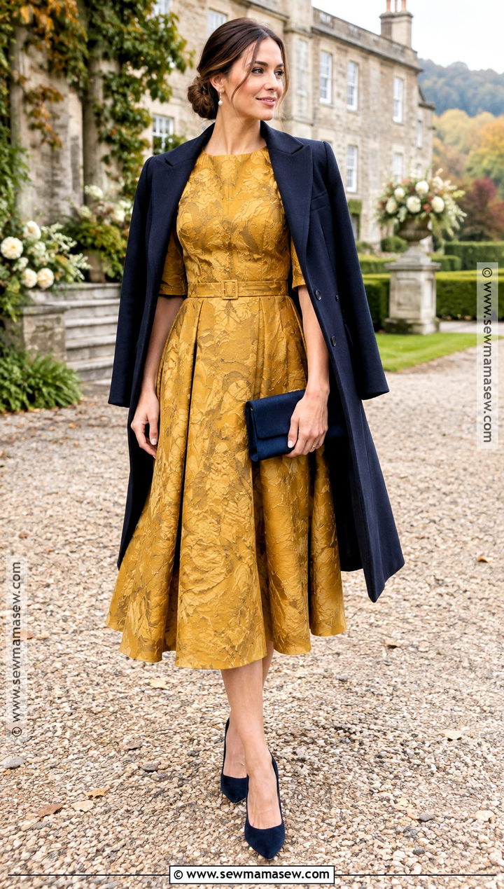 Mustard Jacquard Midi Fall Wedding Guest Outfit - 15 outfits for fall wedding guest