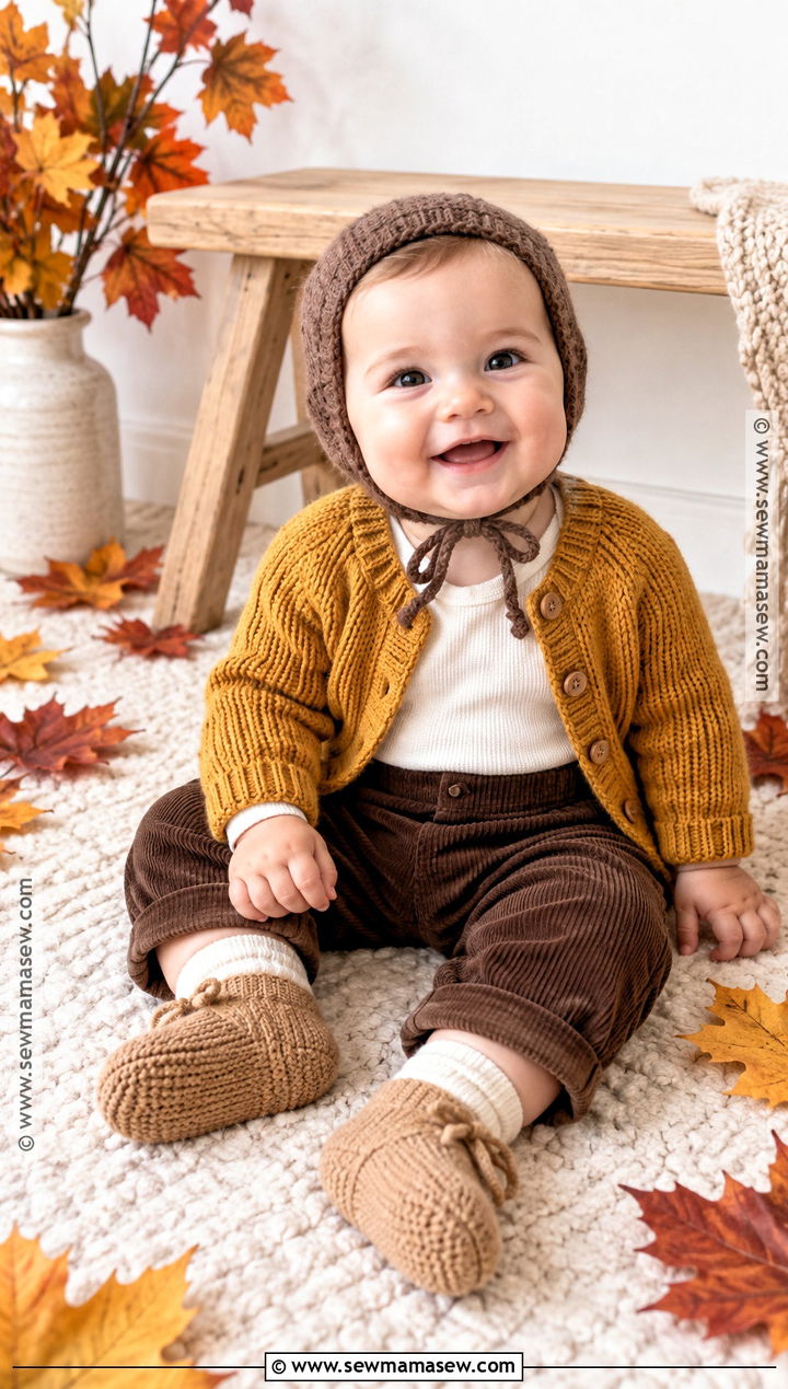 Mustard Knit Baby Cardigan With Corduroy Pants - 15 Knit Baby Sweater Fall Style Ideas