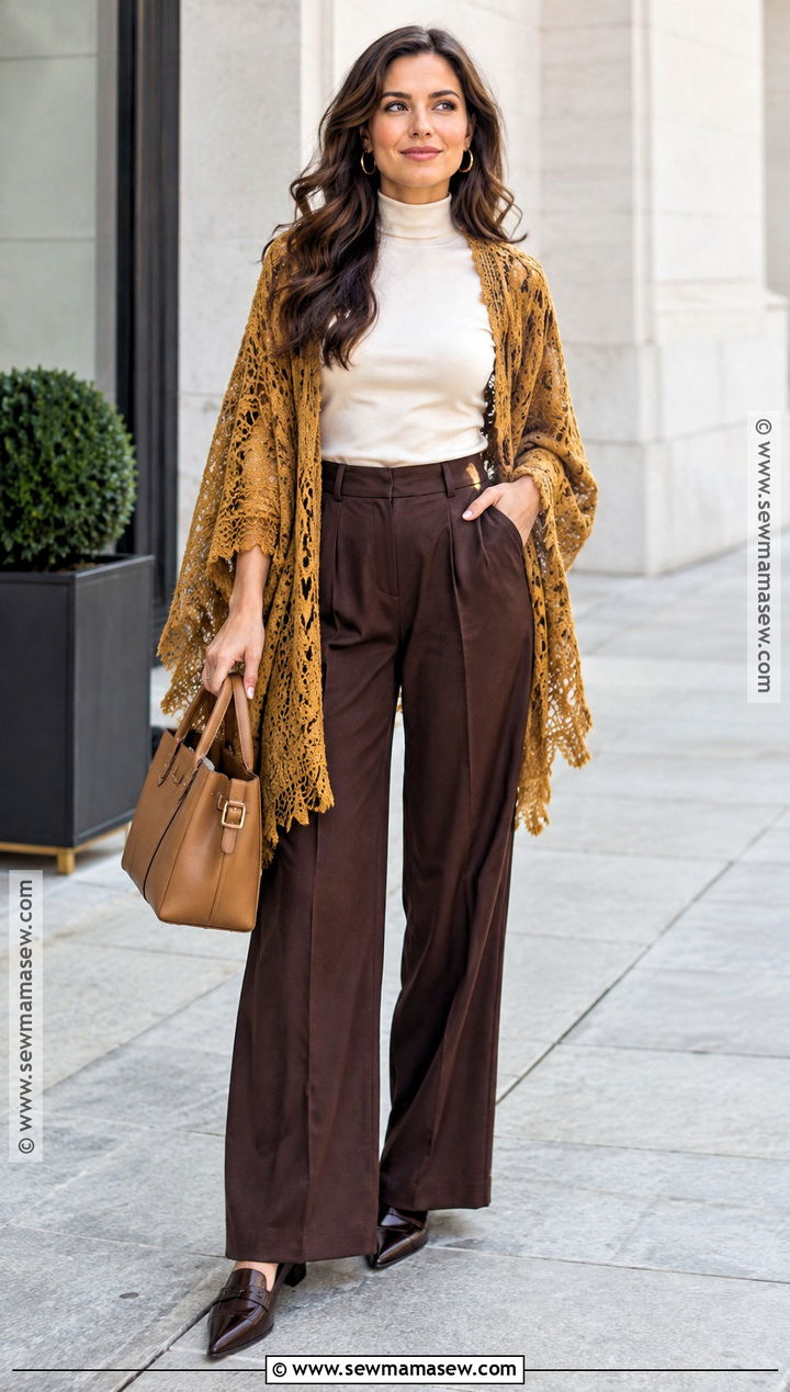 Mustard Lace Shawl With Brown Wide Leg Pants - 15 autumn color lace shawl ideas