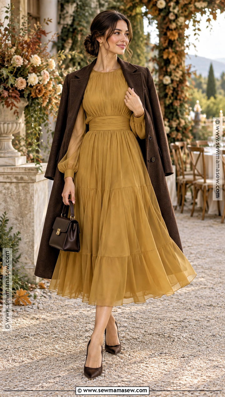Mustard Long Sleeve Organza Midi Dress - 15 semi formal dresses for wedding guest fall long sleeve