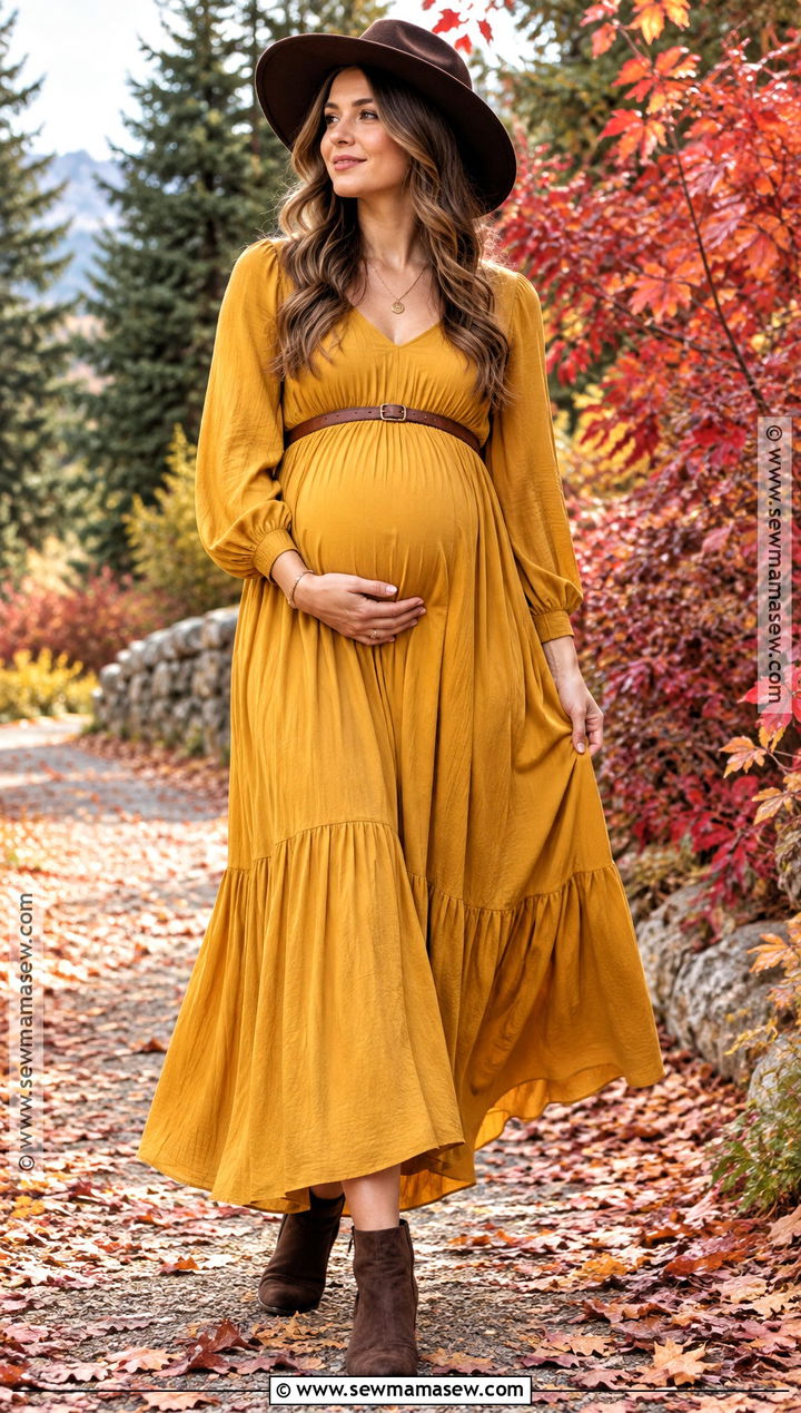 Mustard Maternity Dress With Brown Felt Hat - 15 fall maternity photos with hat ideas
