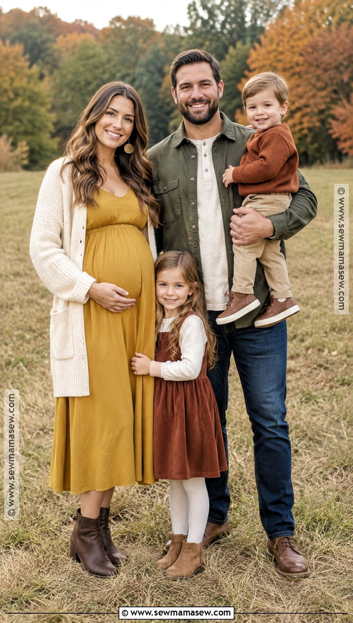 Mustard Maternity Midi Dress With Earth Tone Family Outfits - 15 fall family maternity pictures outfits
