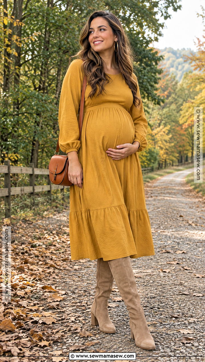 Mustard Maternity Midi Dress With Tan Boots - 15 fall maternity photo outfits