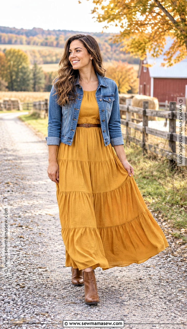 Mustard Maxi Dress With Denim Jacket - 15 fall engagement pictures dress ideas