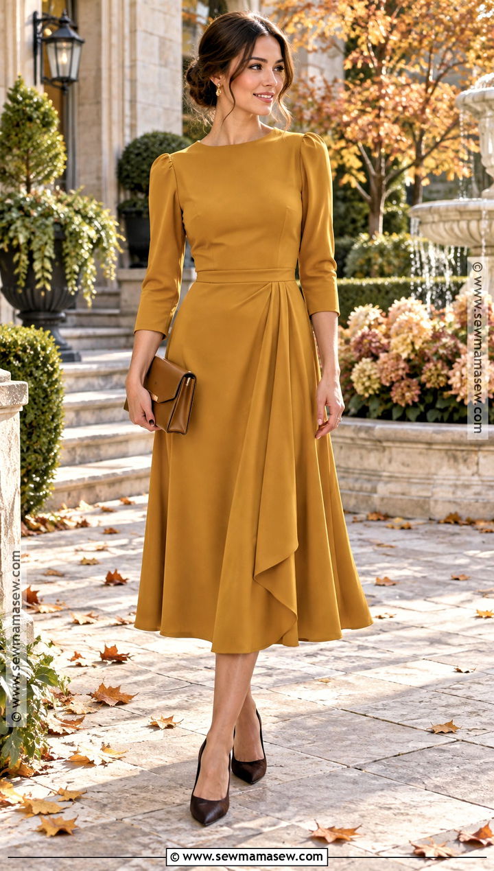 Mustard Midi Autumn Wedding Guest Outfit - 15 autumn guest wedding outfits
