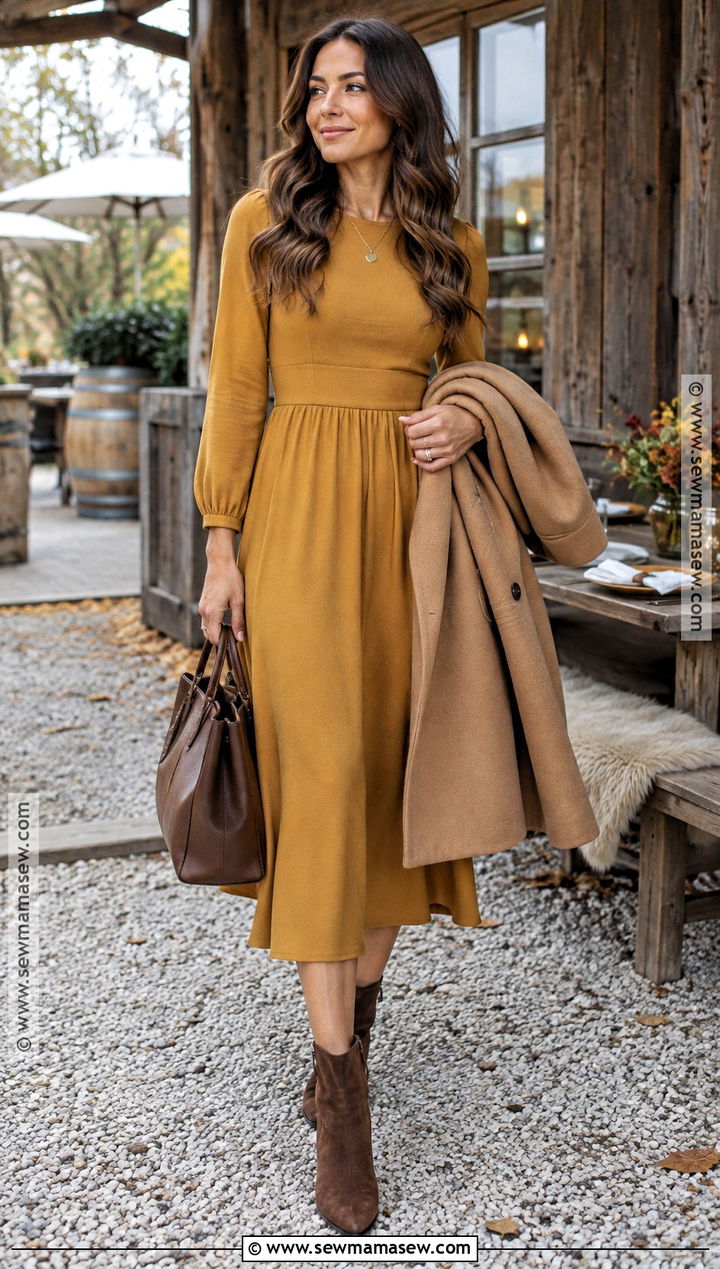Mustard Midi Dress And Ankle Boots Outfit - 15 fall bridal shower guest outfit ideas