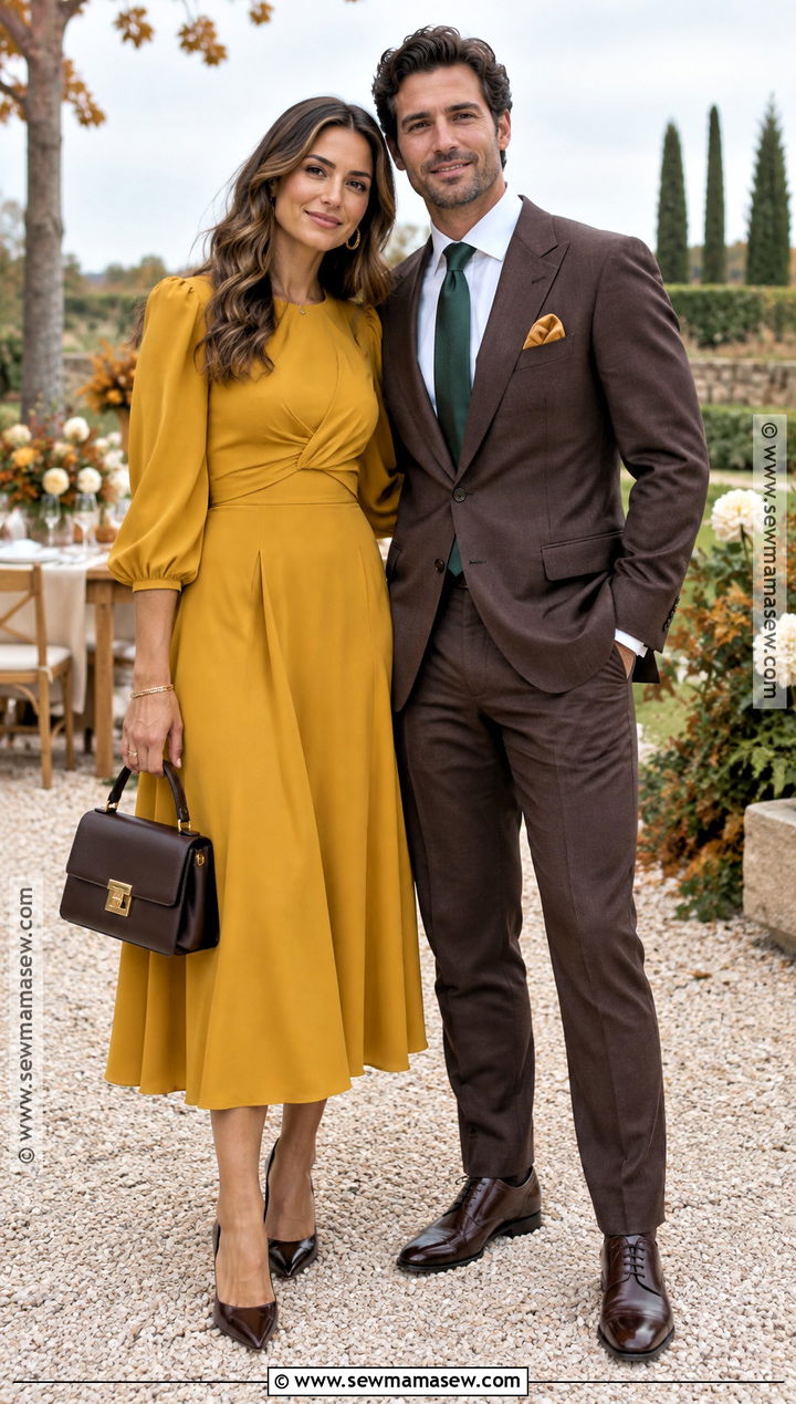 Mustard Midi Dress And Brown Suit Fall Wedding Guest Couple Outfit - 15 Wedding Guest Couple Outfit Fall Ideas