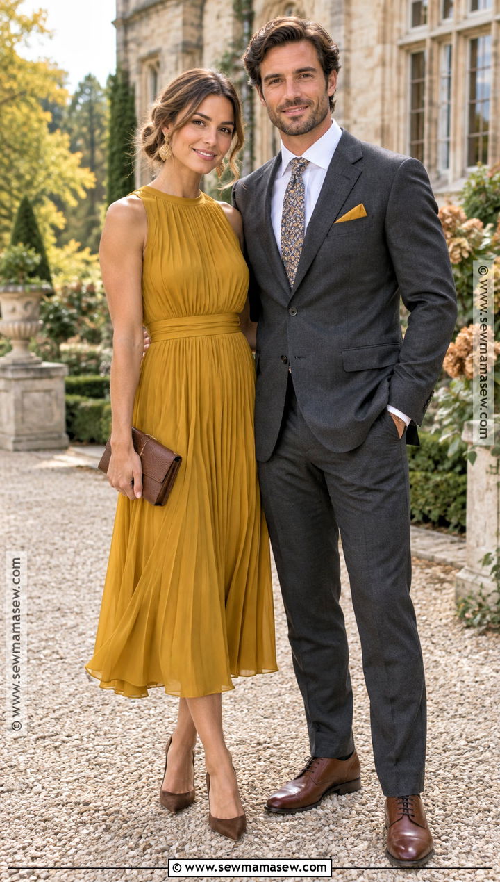 Mustard Midi Dress And Charcoal Suit Fall Wedding Guest Couple Outfit - 20 fall wedding guest couple outfits