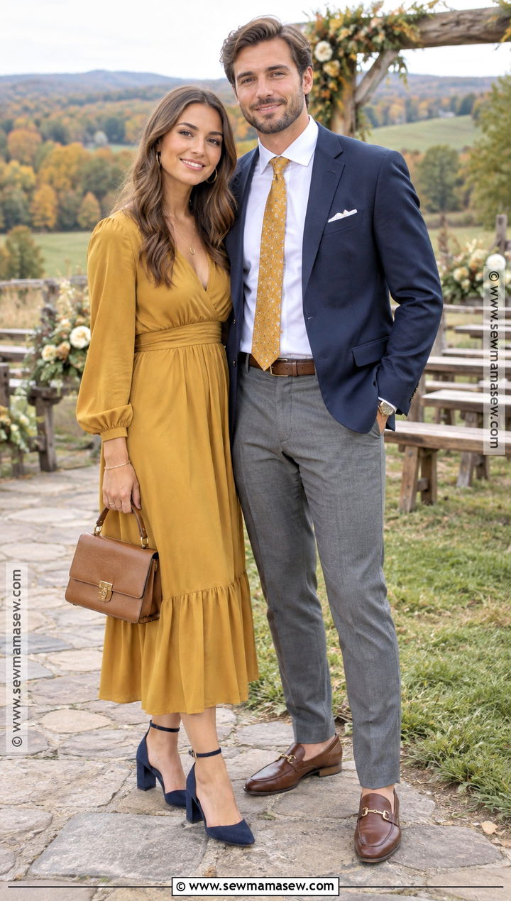 Mustard Midi Dress And Navy Blazer Fall Wedding Guest Outfit - 15 couples wedding guest outfits fall