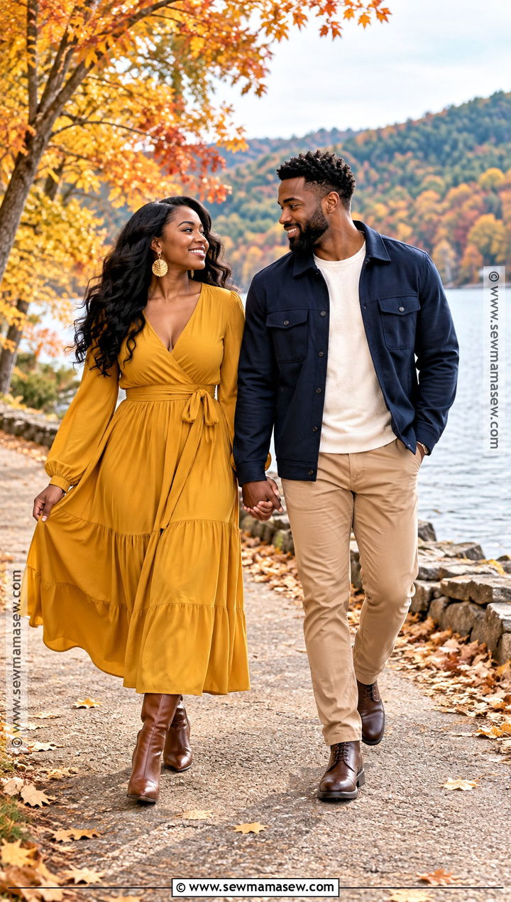 Mustard Midi Dress And Navy Jacket Fall Couples Outfit - 15 black couples fall photoshoot outfits
