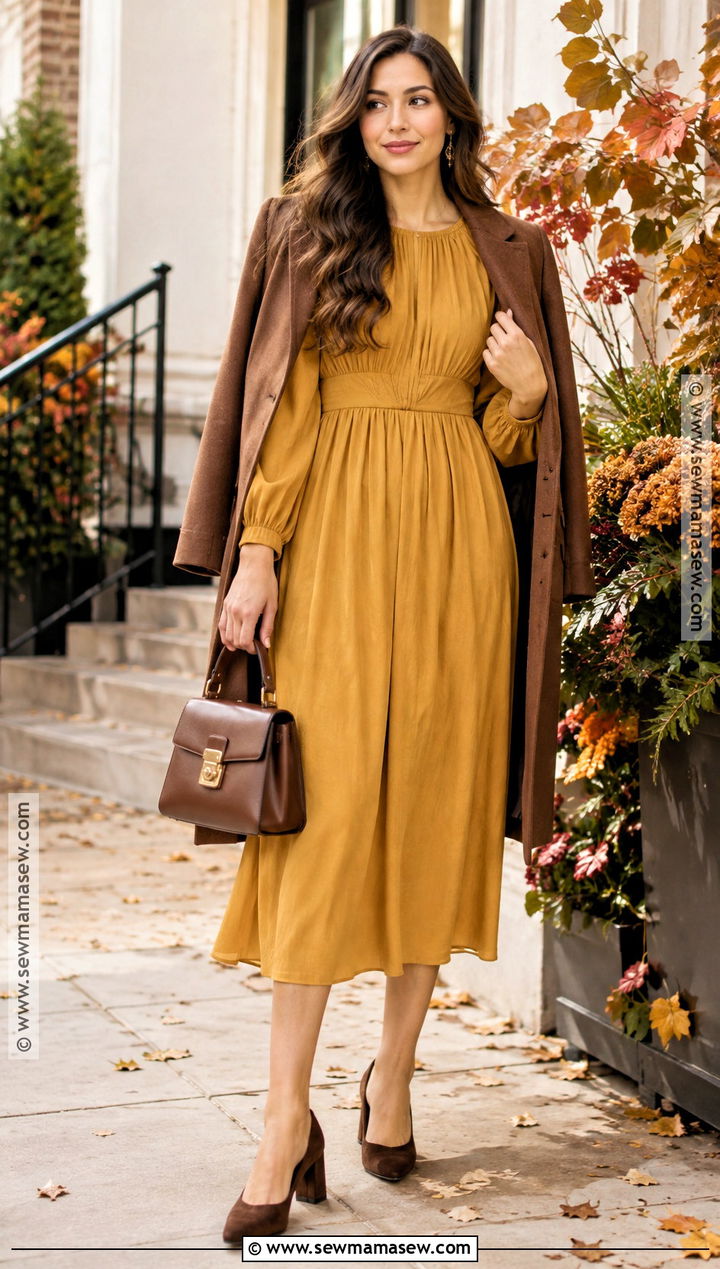 Mustard Midi Dress Baptism Outfit - 20 Fall Baptism Outfit Ideas for Women
