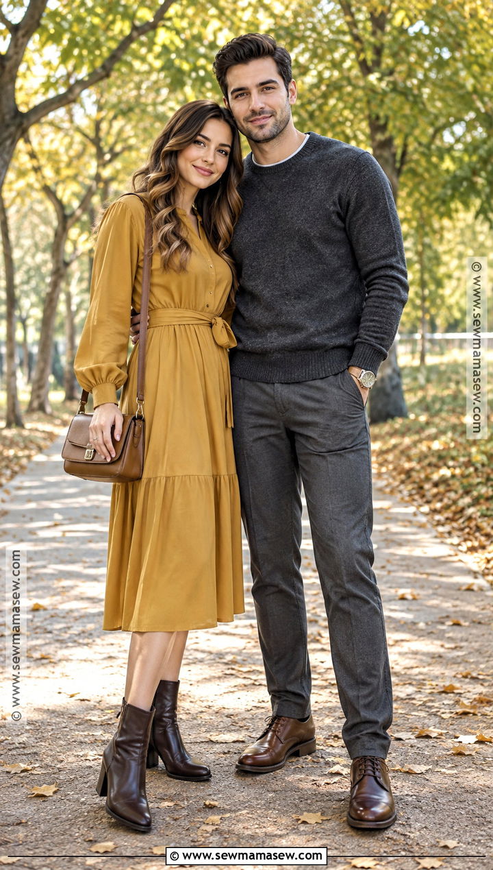 Mustard Midi Dress Fall Couple Photo Outfit - 15 fall couple photos outfits dress