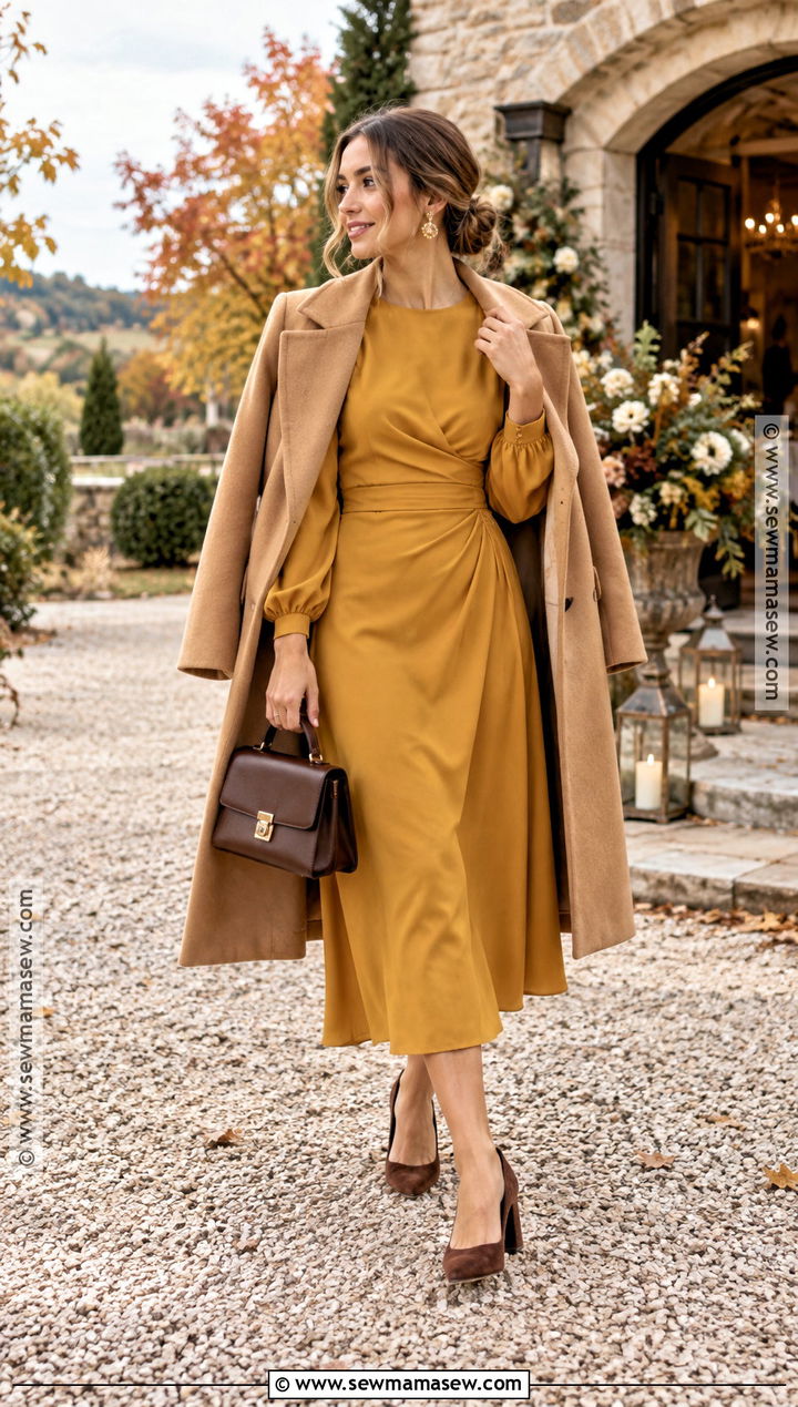 Mustard Midi Dress October Wedding Outfit - 20 october wedding outfit ideas