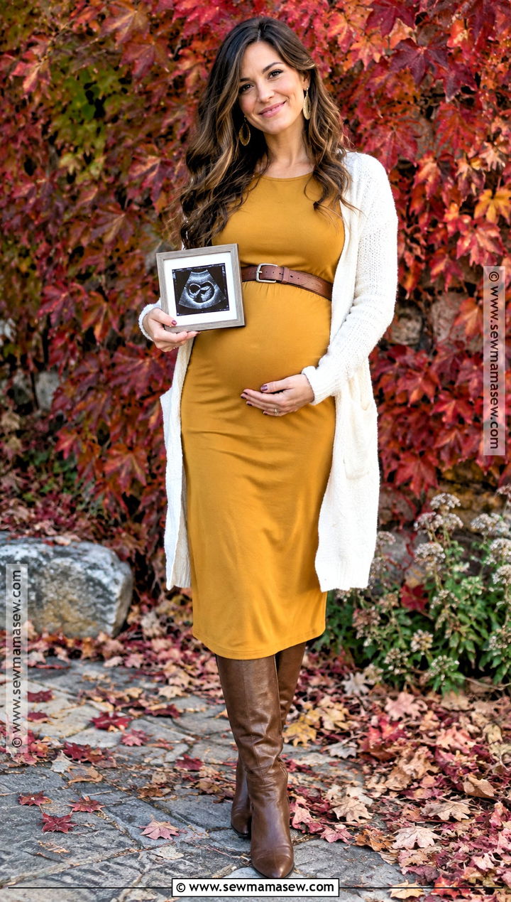 Mustard Midi Dress Pregnancy Announcement Outfit - 20 Fall Pregnancy Announcement Outfit Ideas