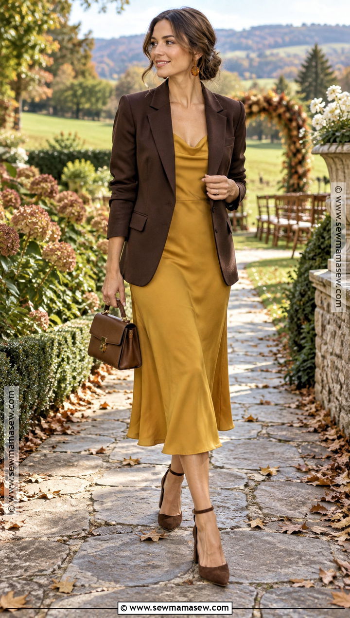 Mustard Midi Dress With Blazer For Fall Wedding Guest - 15 fall outfits for wedding guest