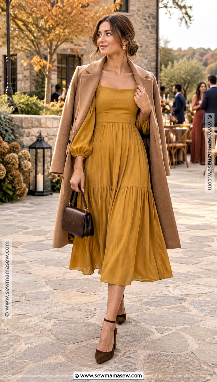 Mustard Midi Dress With Brown Accessories For October Wedding - 15 october wedding party attire ideas