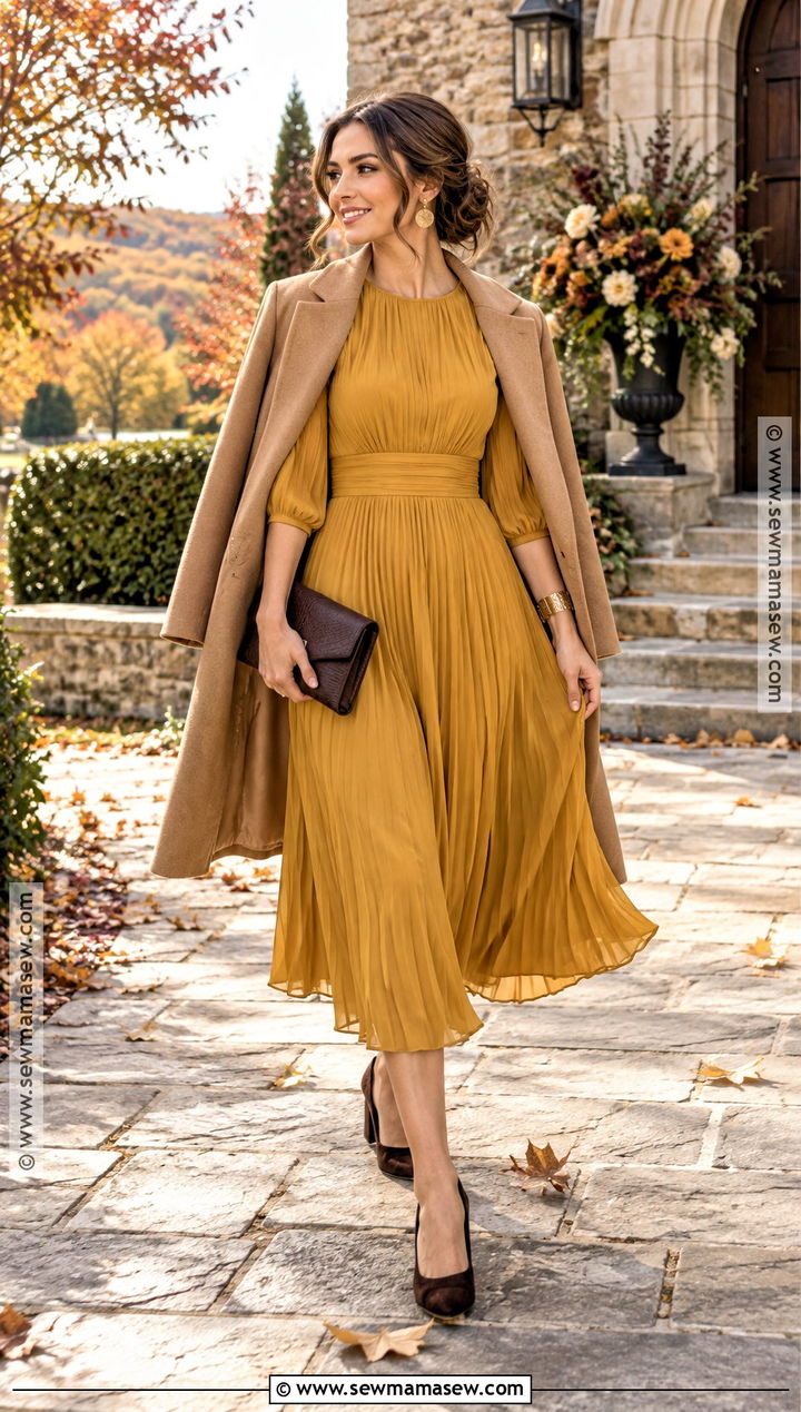Mustard Midi Dress With Brown Heels Fall Wedding Guest Outfit - 15 Fall Family Wedding Outfits Guest