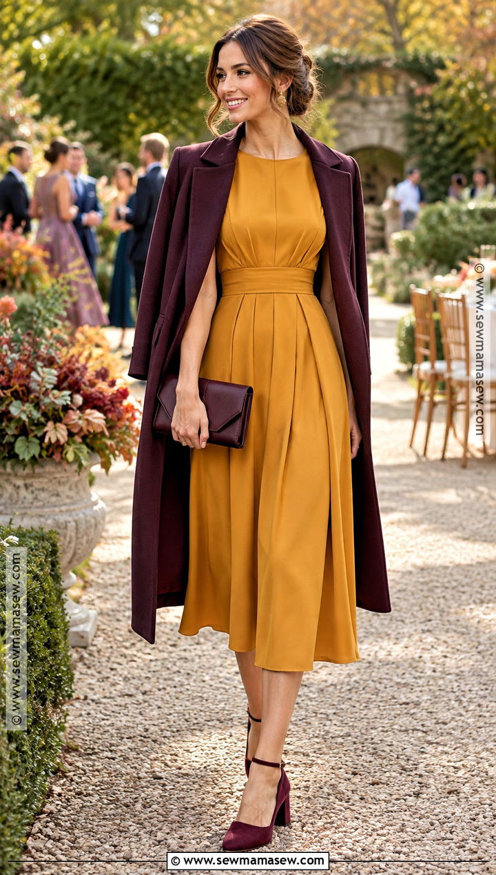 Mustard Midi Dress With Burgundy Accessories - 15 autumn wedding outfit ideas