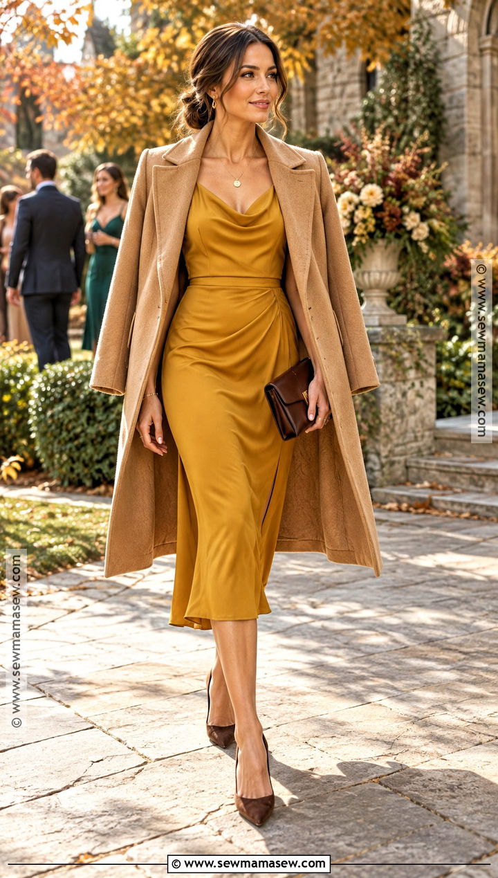 Mustard Midi Dress With Camel Coat Wedding Outfit - 15 autumn chic wedding outfit ideas