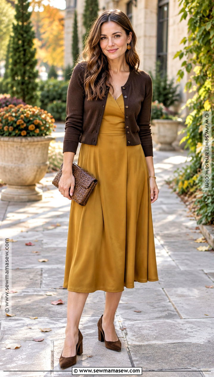 Mustard Midi Dress With Cardigan - 20 fall casual wedding guest attire ideas