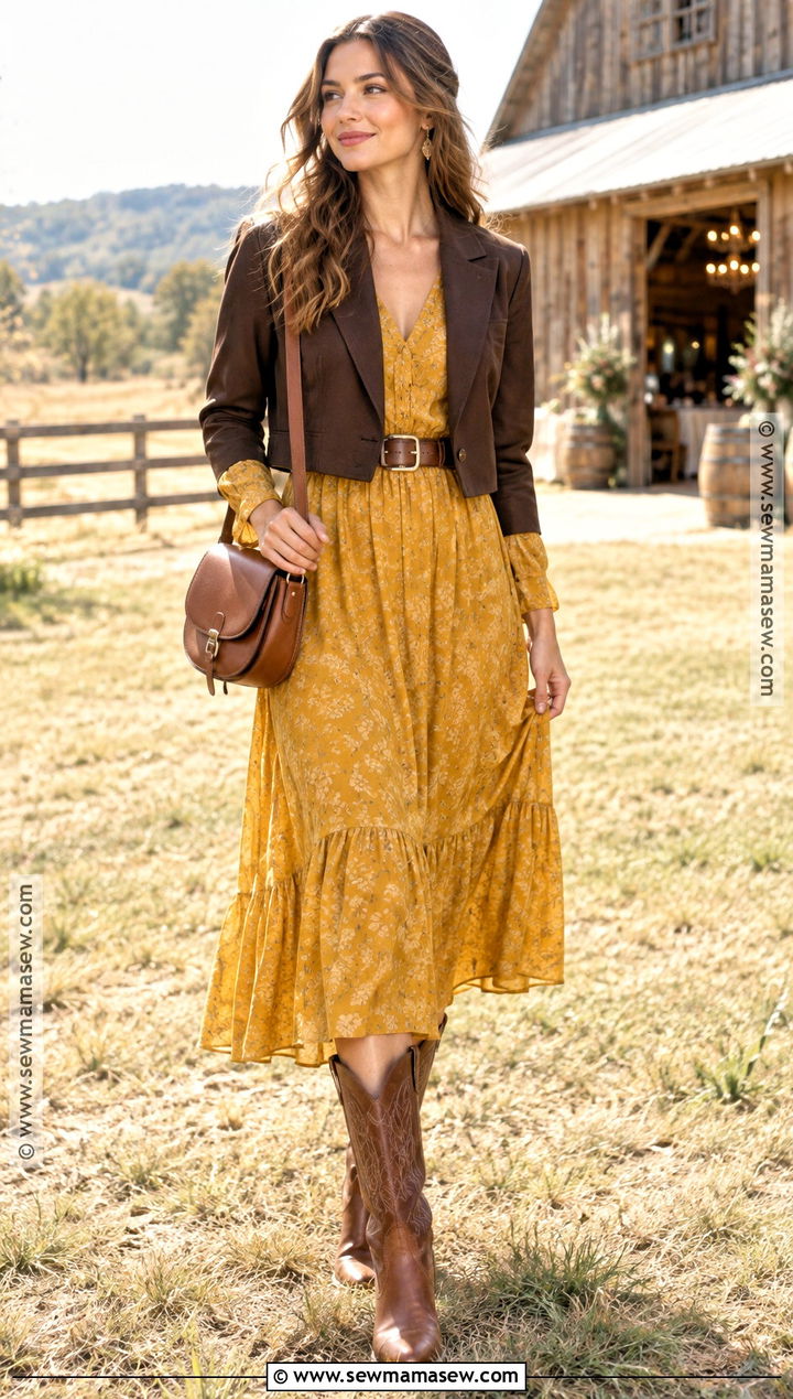 Mustard Midi Dress With Cognac Cowboy Boots - 20 fall western wedding guest outfit ideas