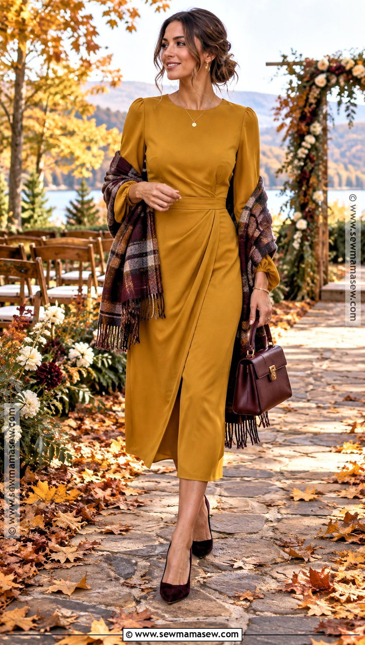 Mustard Midi Dress With Suede Pumps - 15 casual wedding outfit guest fall ideas