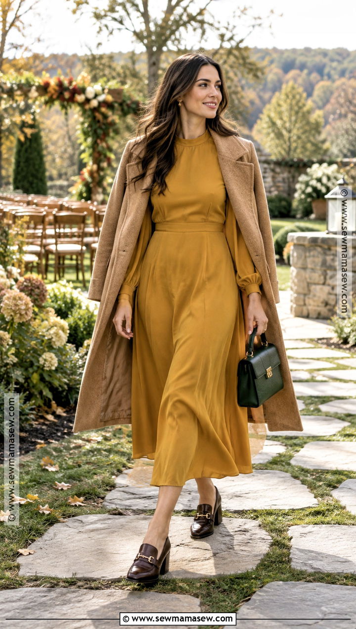Mustard Midi Dress and Loafers - 15 casual fall wedding outfit ideas