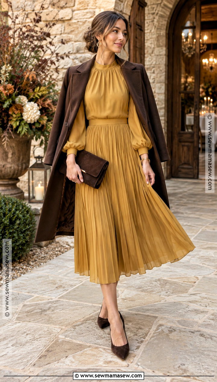 Mustard Midi Fall Wedding Guest Dress - 25 wedding guest outfit fall ideas