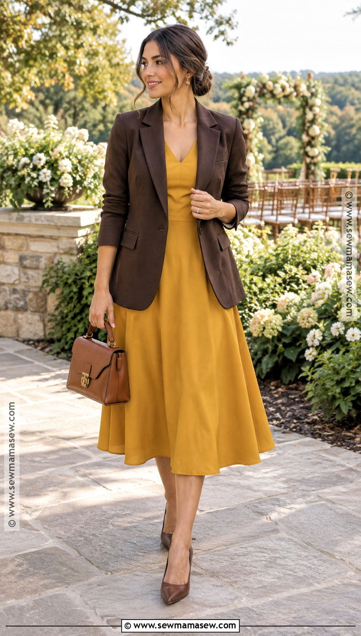 Mustard Midi Wedding Guest Dress - 15 Fall 2026 Wedding Guest Dress Ideas