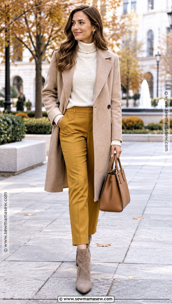Mustard Pants With Beige Coat And Ivory Sweater - 15 mustard pants outfit fall