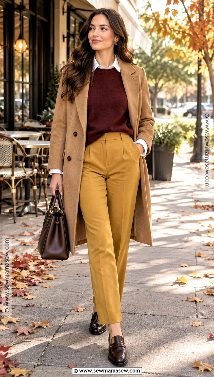 Mustard Pants With Burgundy Sweater And Loafers - 15 mustard pants outfit fall