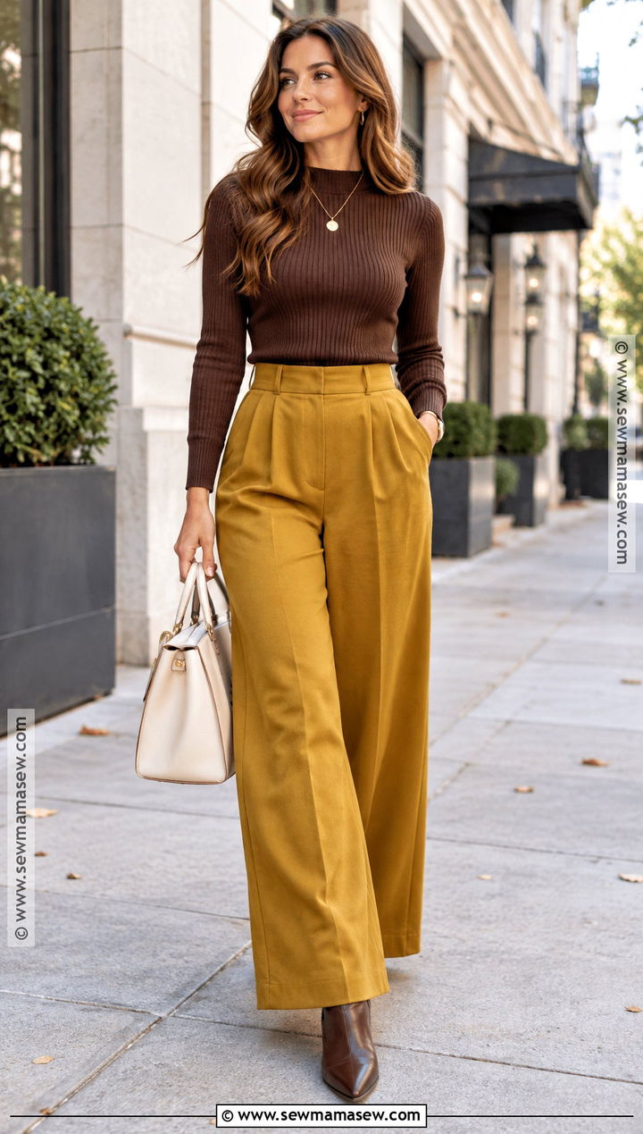Mustard Pants With Chocolate Brown Sweater - 15 mustard pants outfit fall
