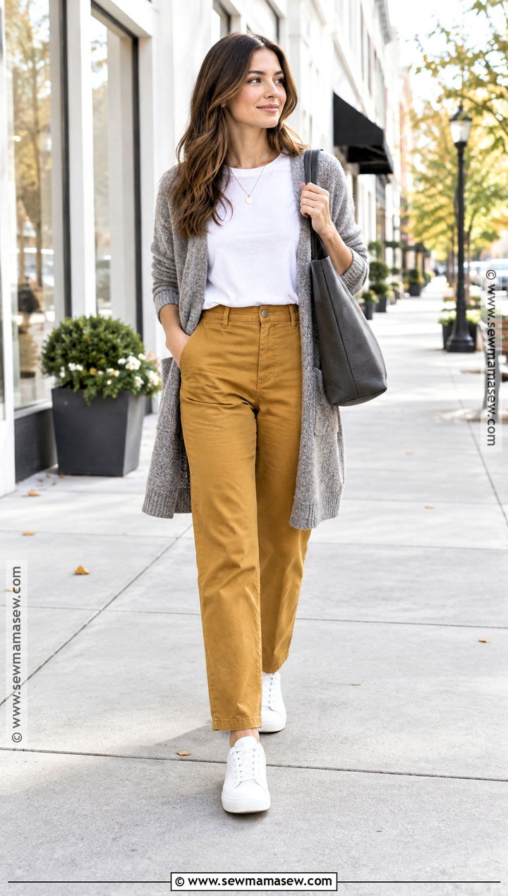 Mustard Pants With Gray Cardigan And White Tee - 15 mustard pants outfit fall