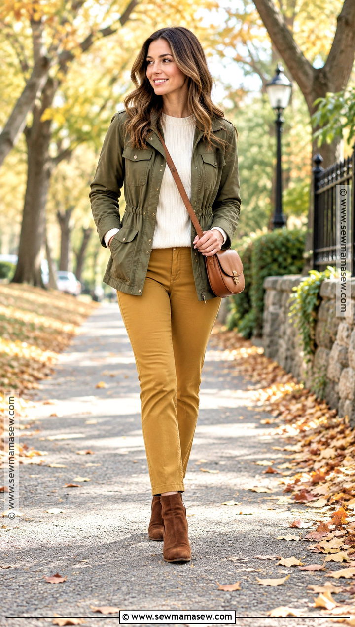 Mustard Pants With Olive Utility Jacket - 15 mustard pants outfit fall