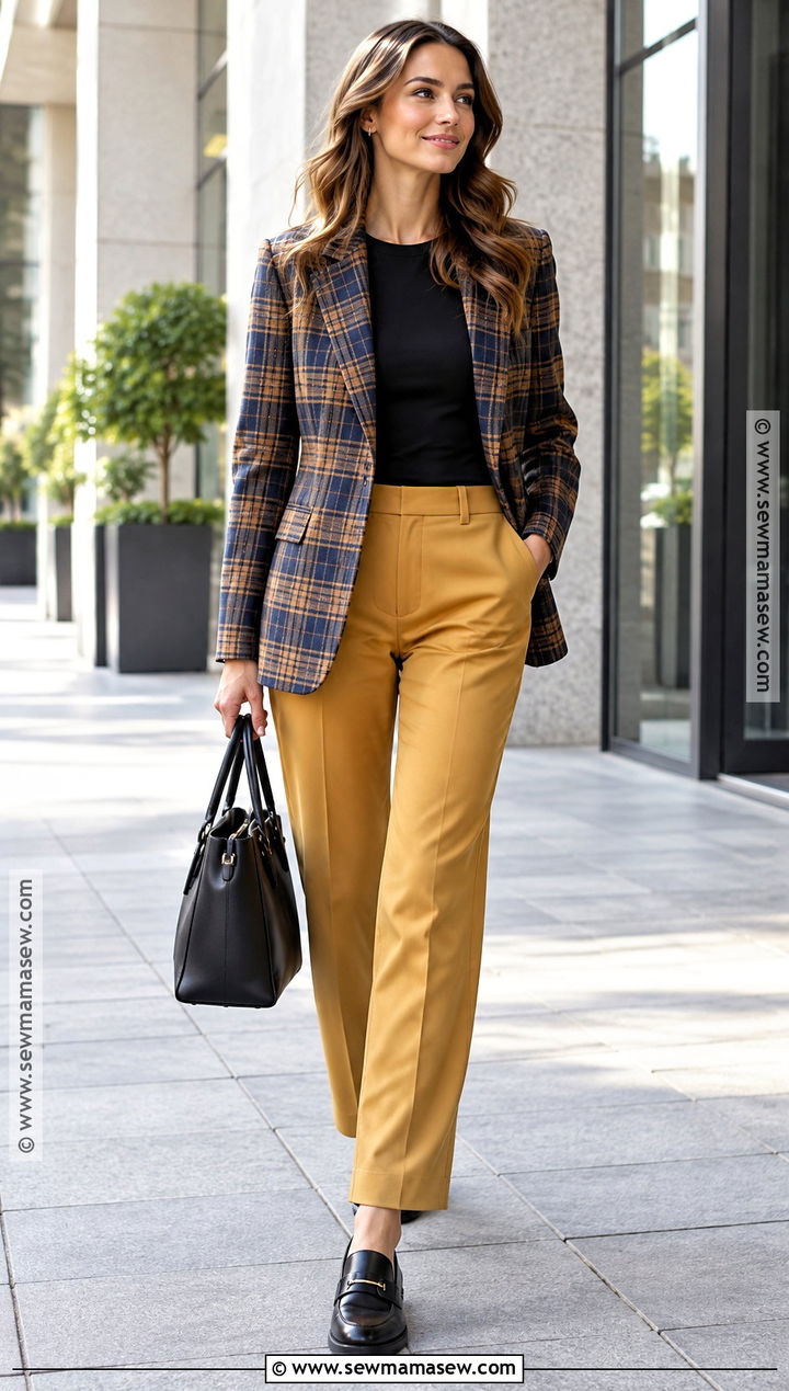 Mustard Pants With Plaid Blazer And Loafers - 15 mustard pants outfit fall