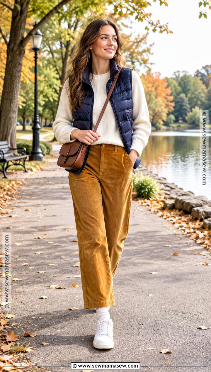 Mustard Pants With Puffer Vest And Sneakers - 15 mustard pants outfit fall