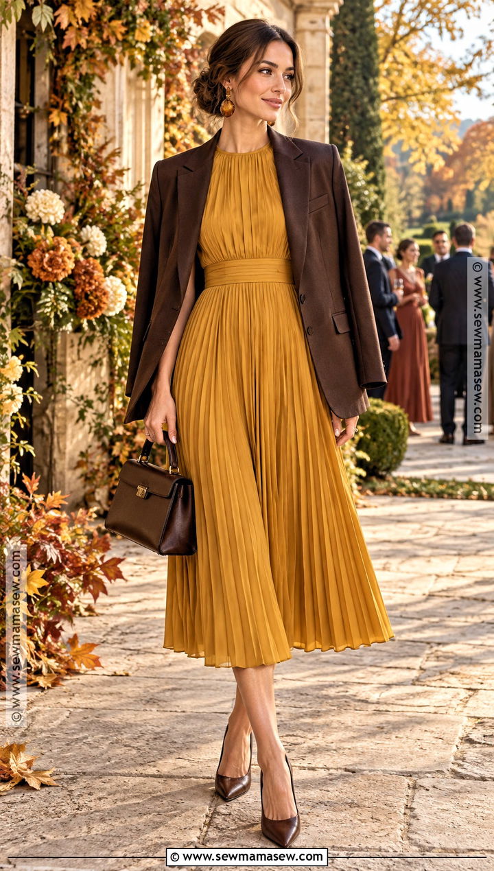 Mustard Pleated Autumn Wedding Guest Dress - 15 Autumn Guest Wedding Dress Ideas