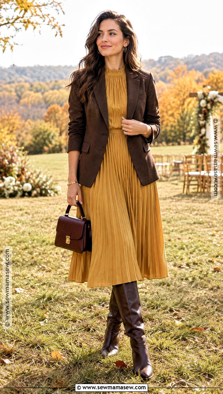 Mustard Pleated Midi Dress With Brown Boots - 20 fall country wedding guest outfit ideas