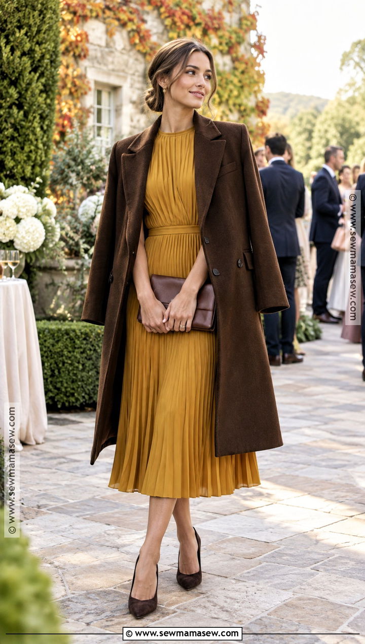 Mustard Pleated Midi Wedding Guest Outfit - 25 wedding guest looks fall