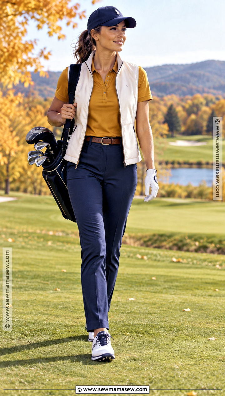Mustard Polo And Navy Pants Fall Golf Outfit - 25 fall golf outfit ideas for women