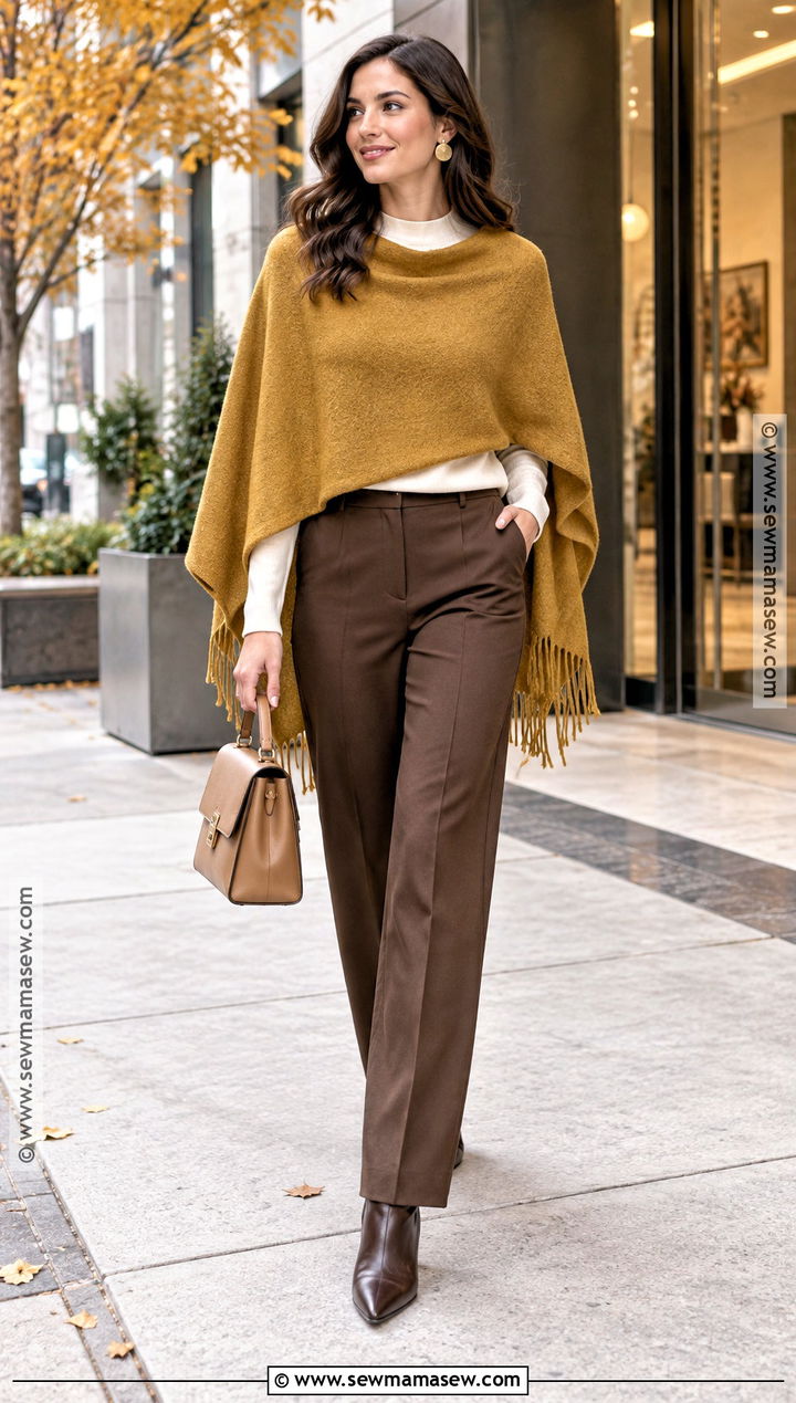 Mustard Poncho With Brown Trousers And Boots - 15 autumn color poncho ideas