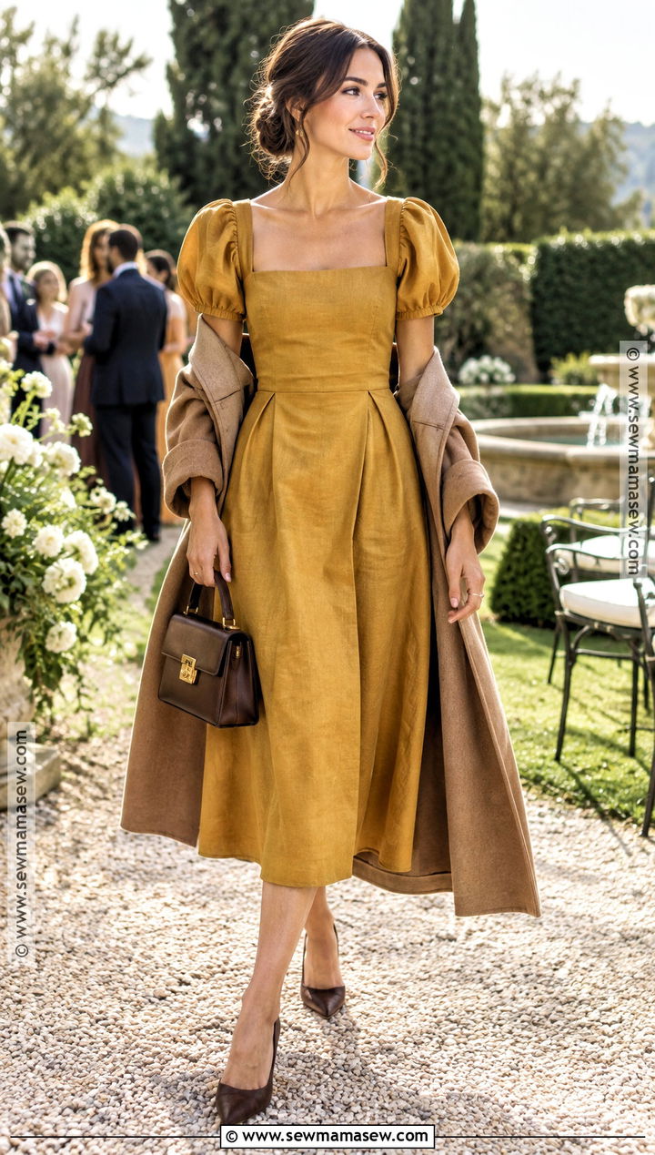 Mustard Puff Sleeve Autumn Wedding Guest Dress - 25 autumn dresses wedding guest