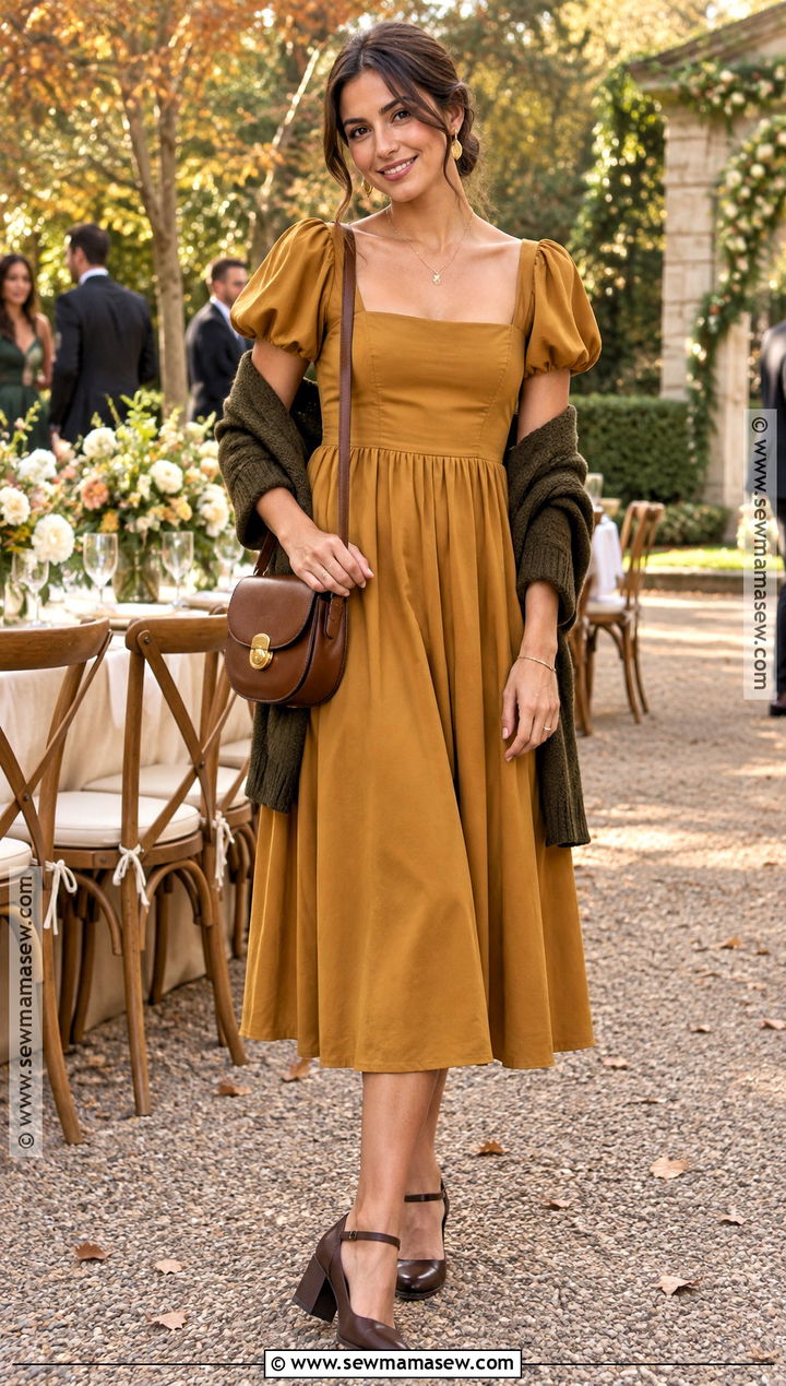 Mustard Puff Sleeve Fall Wedding Guest Dress - 20 casual fall wedding guest dress ideas