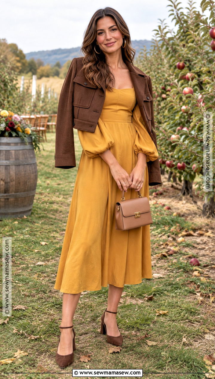 Mustard Puff Sleeve Midi Wedding Guest Dress - 20 early fall wedding guest dress ideas