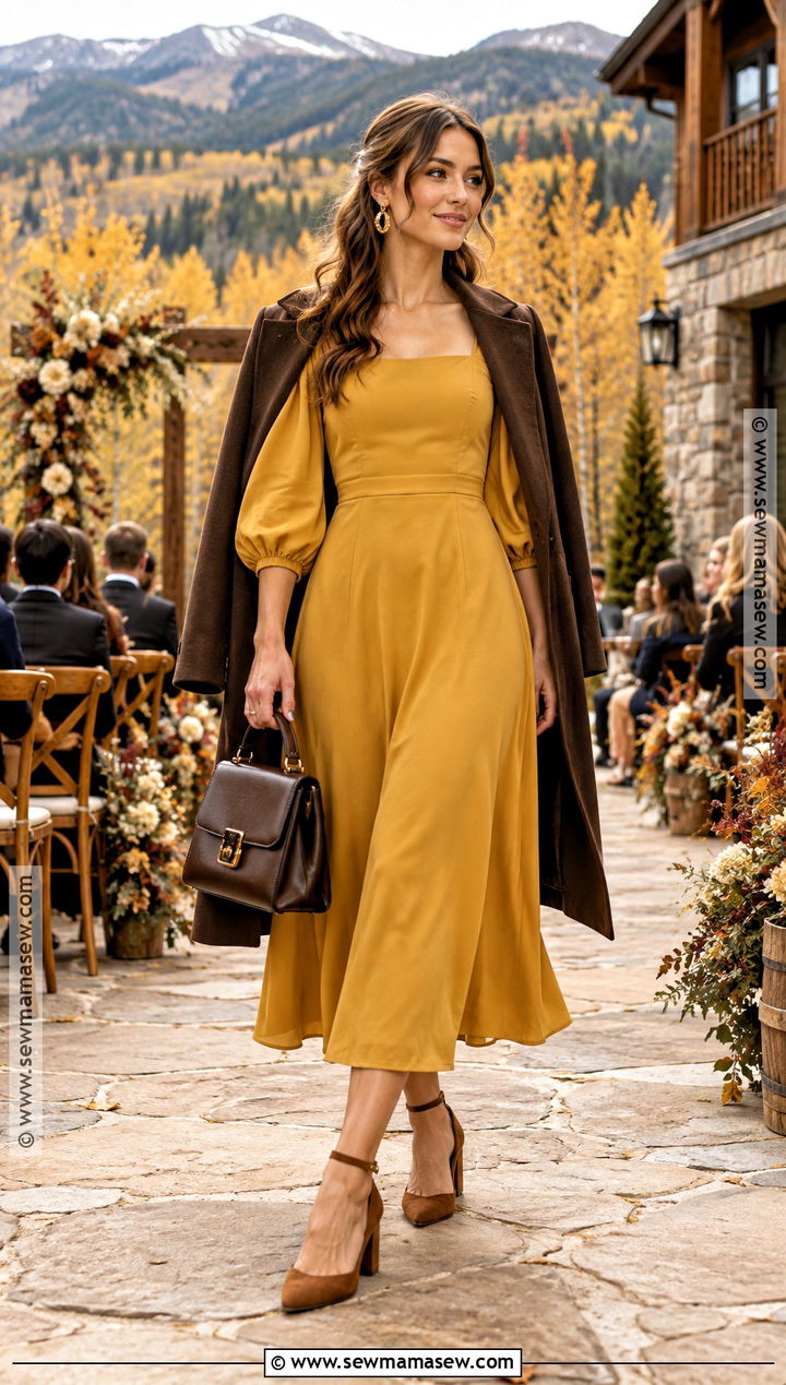 Mustard Puff Sleeve Mountain Wedding Guest Dress - 20 fall mountain wedding guest dress ideas