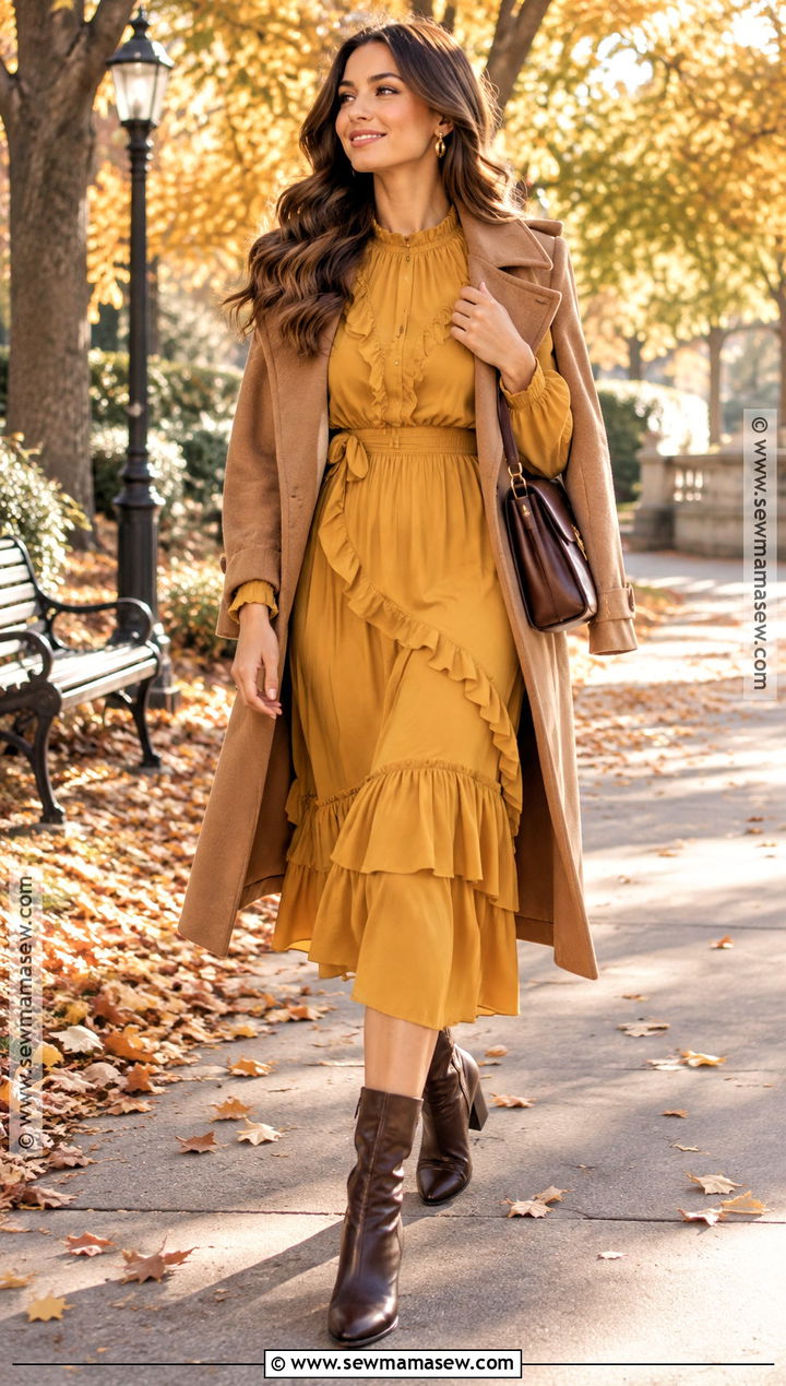 Mustard Ruffle Midi Dress With Camel Coat - 20 fall birthday dress ideas