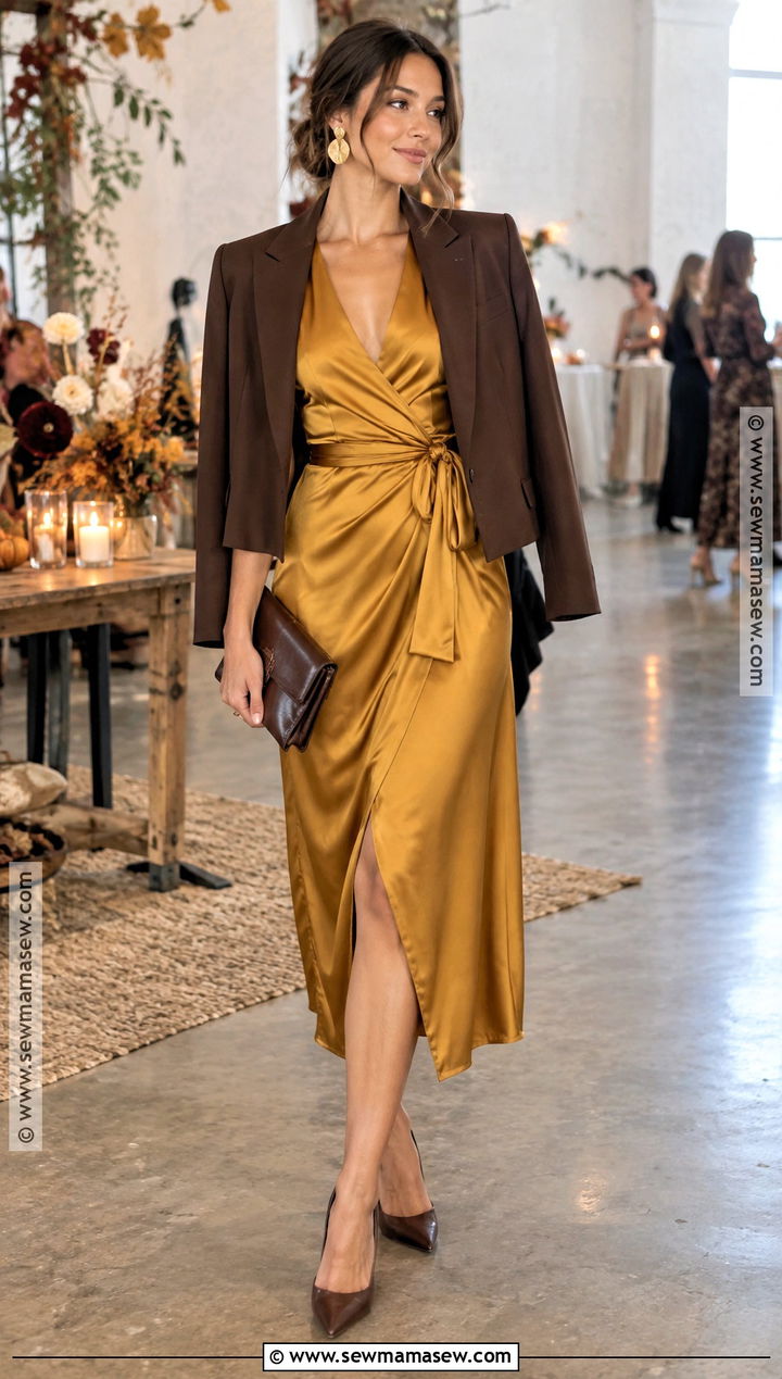 Mustard Satin Midi Dress Outfit - 20 fall cocktail attire ideas