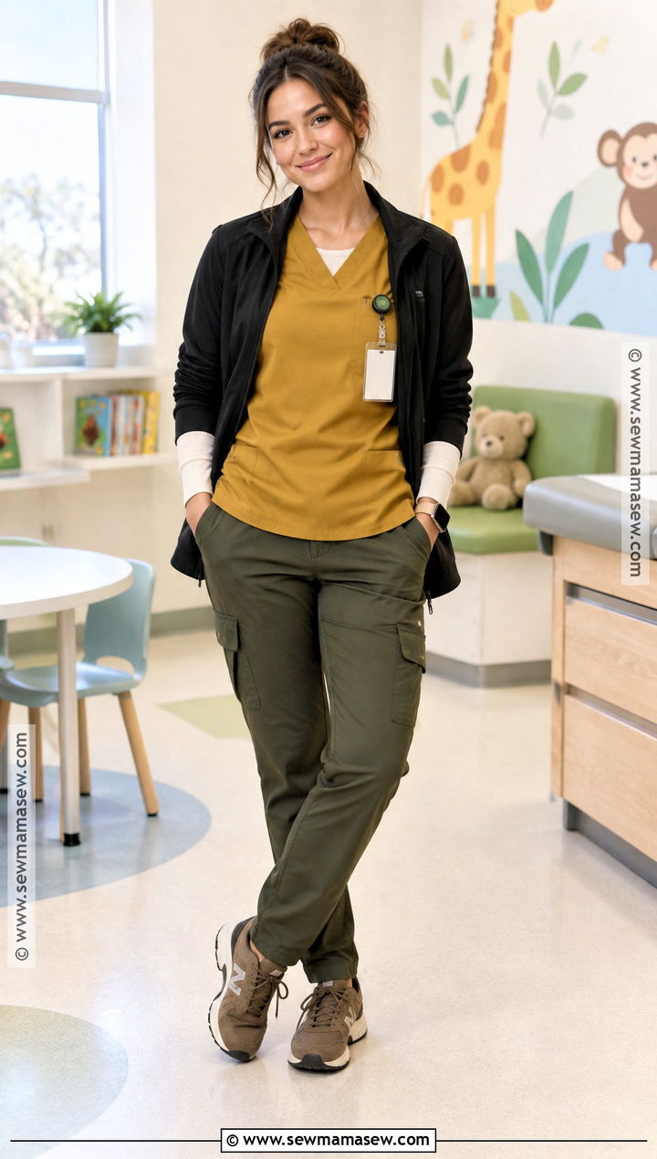Mustard Scrub Top With Olive Pants - 20 Fall Scrub Outfits