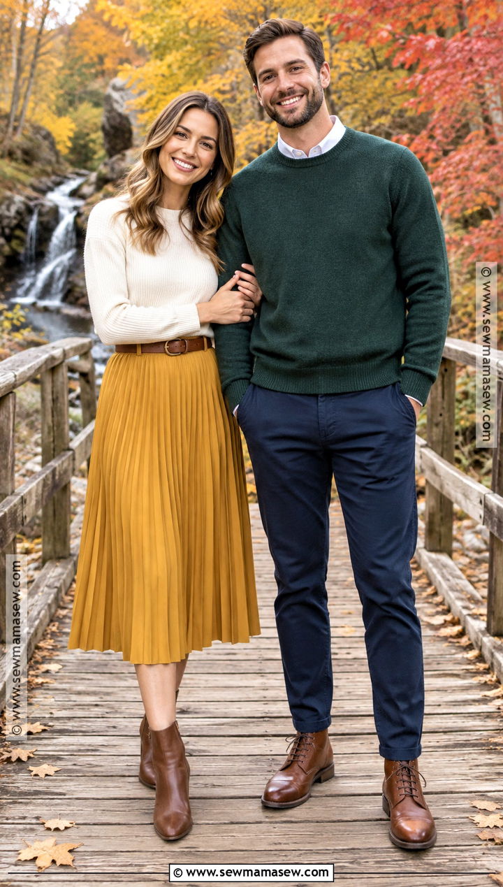 Mustard Skirt And Forest Green Sweater Couple Outfit - 15 couple photoshoot fall outfit ideas