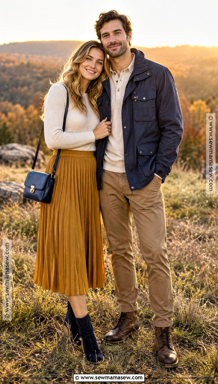 Mustard Skirt And Navy Jacket Fall Couple Outfit - 15 coordinating couple outfits for pictures fall